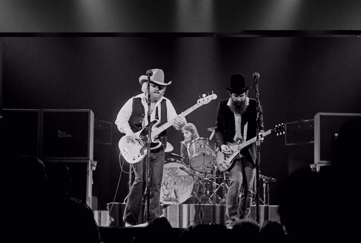 ZZ Top members (bassist Dusty Hill, drummer Frank Beard and vocalist and guitarist Billy Gibbons) in concert at the Tarrant County Convention Center on Jan. 1, 1978.